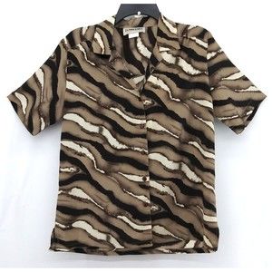Donnkenny Shirt Women Medium Brown Wavy Striped Collared Casual Button Up Blouse